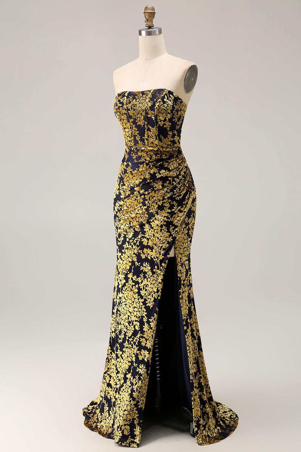 Zapakasa Women Golden Purple Velvet Corset Long Wedding Guest Dress with Slit Floral Mermaid Strapless Bridesmaid Dress Zapakasa Women Golden Purple Velvet Corset Long Wedding Guest Dress with Slit Floral Mermaid Strapless Bridesmaid Dress