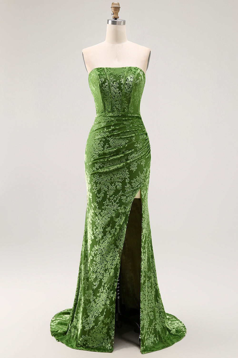 Zapaka Women Burgundy Strapless Long Bridesmaid Dress Corset Burnout Velvet Wedding Guest Dress with Slit, Olive / US14 Zapaka Women Burgundy Strapless Long Bridesmaid Dress Corset Burnout Velvet Wedding Guest Dress with Slit, Olive / US14