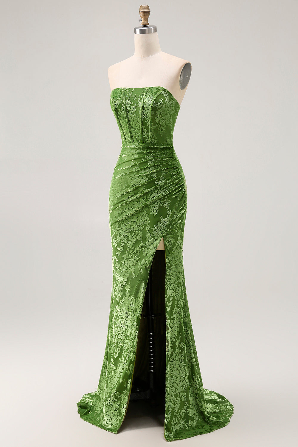 Peacock Green Velvet Mermaid Corset Long Wedding Guest Dress with Slit