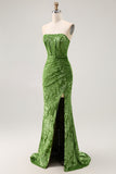 Peacock Green Velvet Mermaid Corset Long Wedding Guest Dress with Slit
