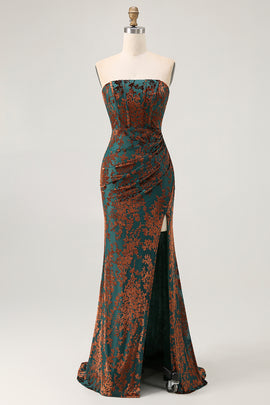 Peacock Green Velvet Mermaid Corset Long Wedding Guest Dress with Slit