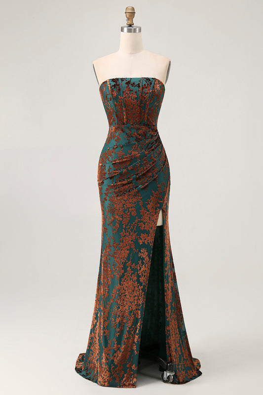 Peacock Green Velvet Mermaid Corset Long Wedding Guest Dress with Slit