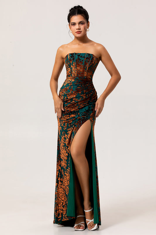 Peacock Green Strapless Corset Long Velvet Bridesmaid Dress with Slit