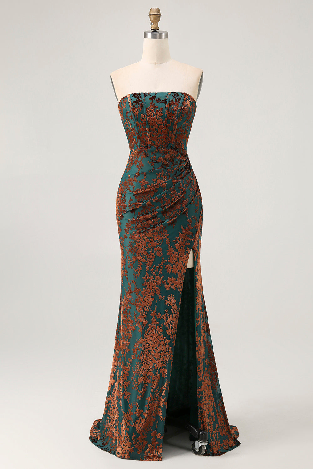 Zapakasa Women Peacock Green Corset Long Velvet Bridesmaid Dress with Slit Strapless Sheath Wedding Guest Dress Zapakasa Women Peacock Green Corset Long Velvet Bridesmaid Dress with Slit Strapless Sheath Wedding Guest Dress