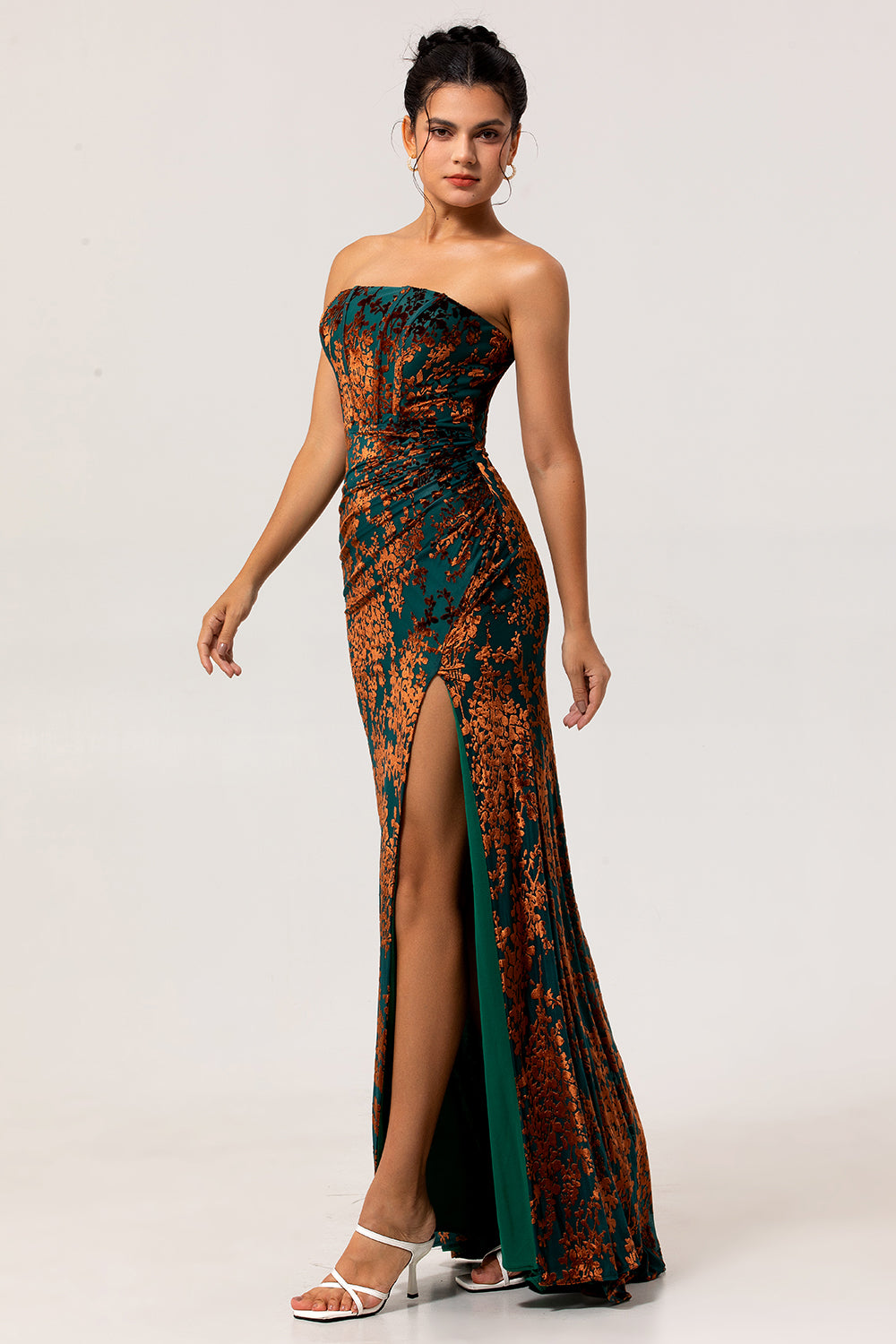 Zapakasa Women Peacock Green Corset Long Velvet Bridesmaid Dress with Slit Strapless Sheath Wedding Guest Dress Zapakasa Women Peacock Green Corset Long Velvet Bridesmaid Dress with Slit Strapless Sheath Wedding Guest Dress