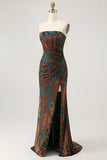 Peacock Green Velvet Mermaid Corset Long Wedding Guest Dress with Slit
