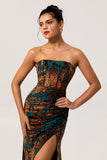 Peacock Green Strapless Corset Long Velvet Bridesmaid Dress with Slit