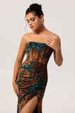 Peacock Green Strapless Corset Long Velvet Bridesmaid Dress with Slit