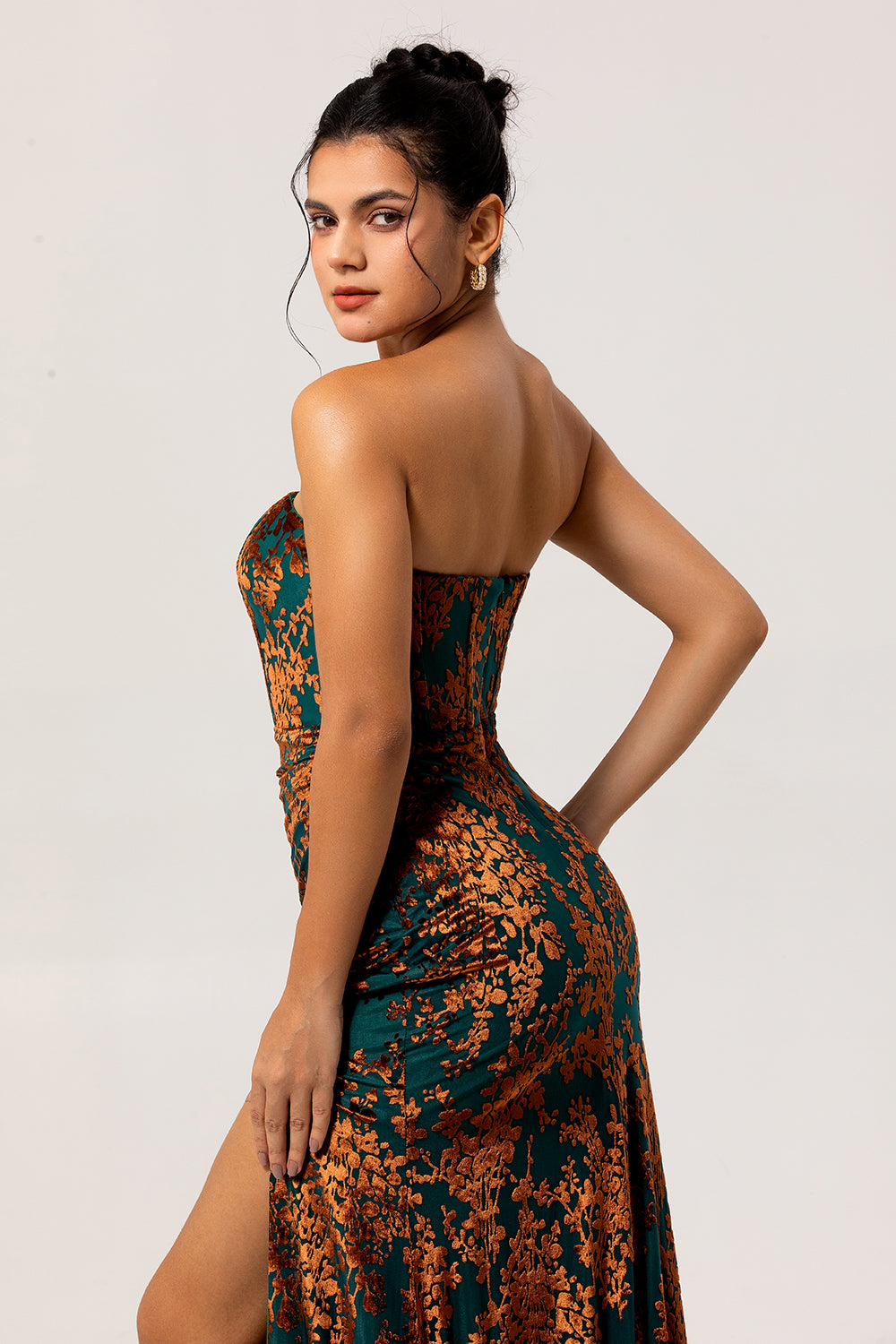 Peacock Green Strapless Corset Long Velvet Bridesmaid Dress with Slit
