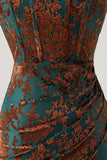 Peacock Green Velvet Mermaid Corset Long Wedding Guest Dress with Slit