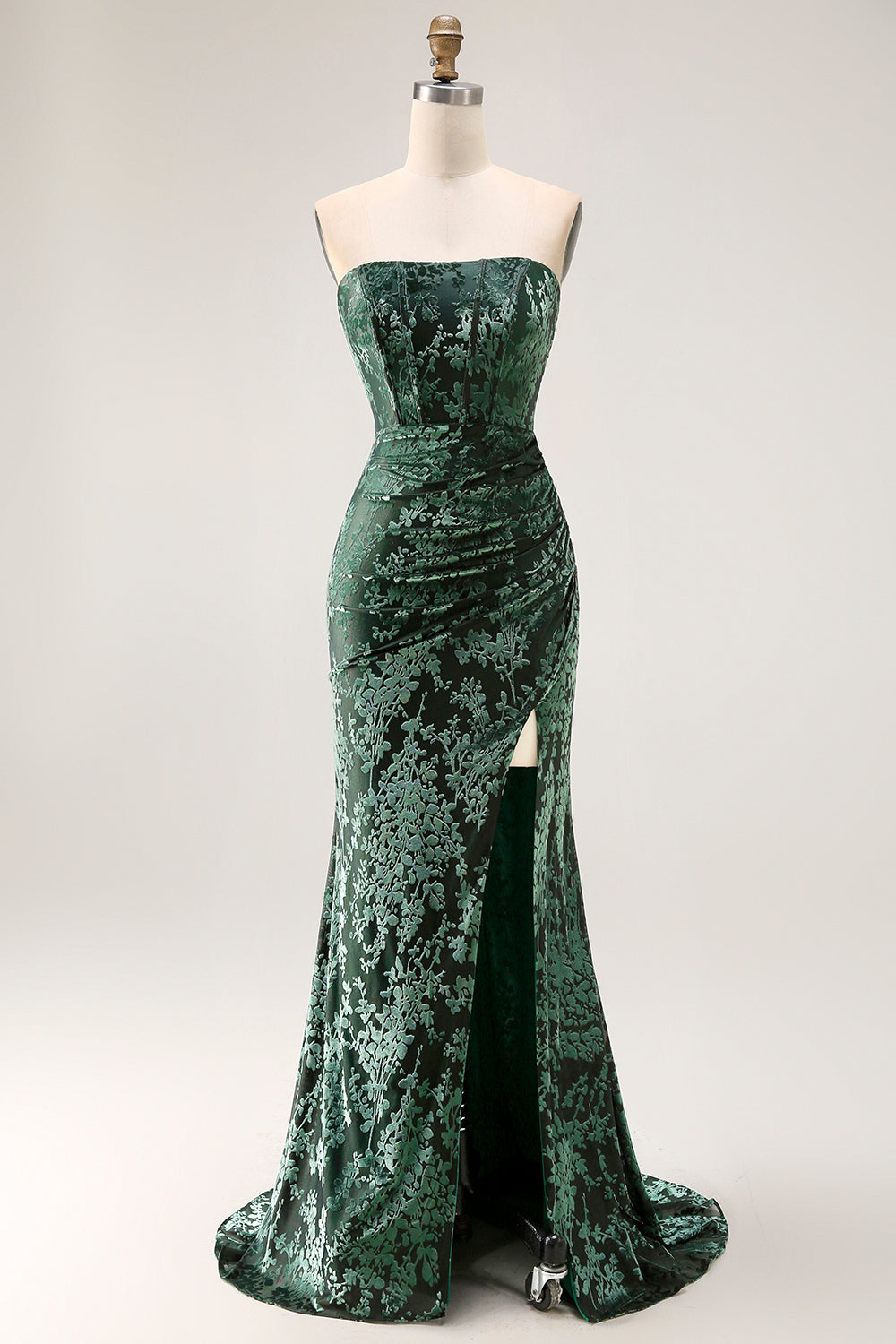 Peacock Green Velvet Mermaid Corset Long Wedding Guest Dress with Slit