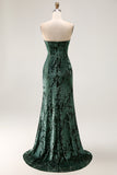 Peacock Green Velvet Mermaid Corset Long Wedding Guest Dress with Slit