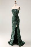 Peacock Green Velvet Mermaid Corset Long Wedding Guest Dress with Slit