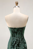 Peacock Green Velvet Mermaid Corset Long Wedding Guest Dress with Slit
