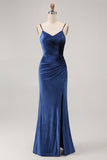 Simple Dark Blue Spaghetti Straps Long Velvet Bridesmaid Dress with Slit