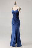 Simple Dark Blue Spaghetti Straps Long Velvet Bridesmaid Dress with Slit