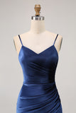 Simple Dark Blue Spaghetti Straps Long Velvet Bridesmaid Dress with Slit