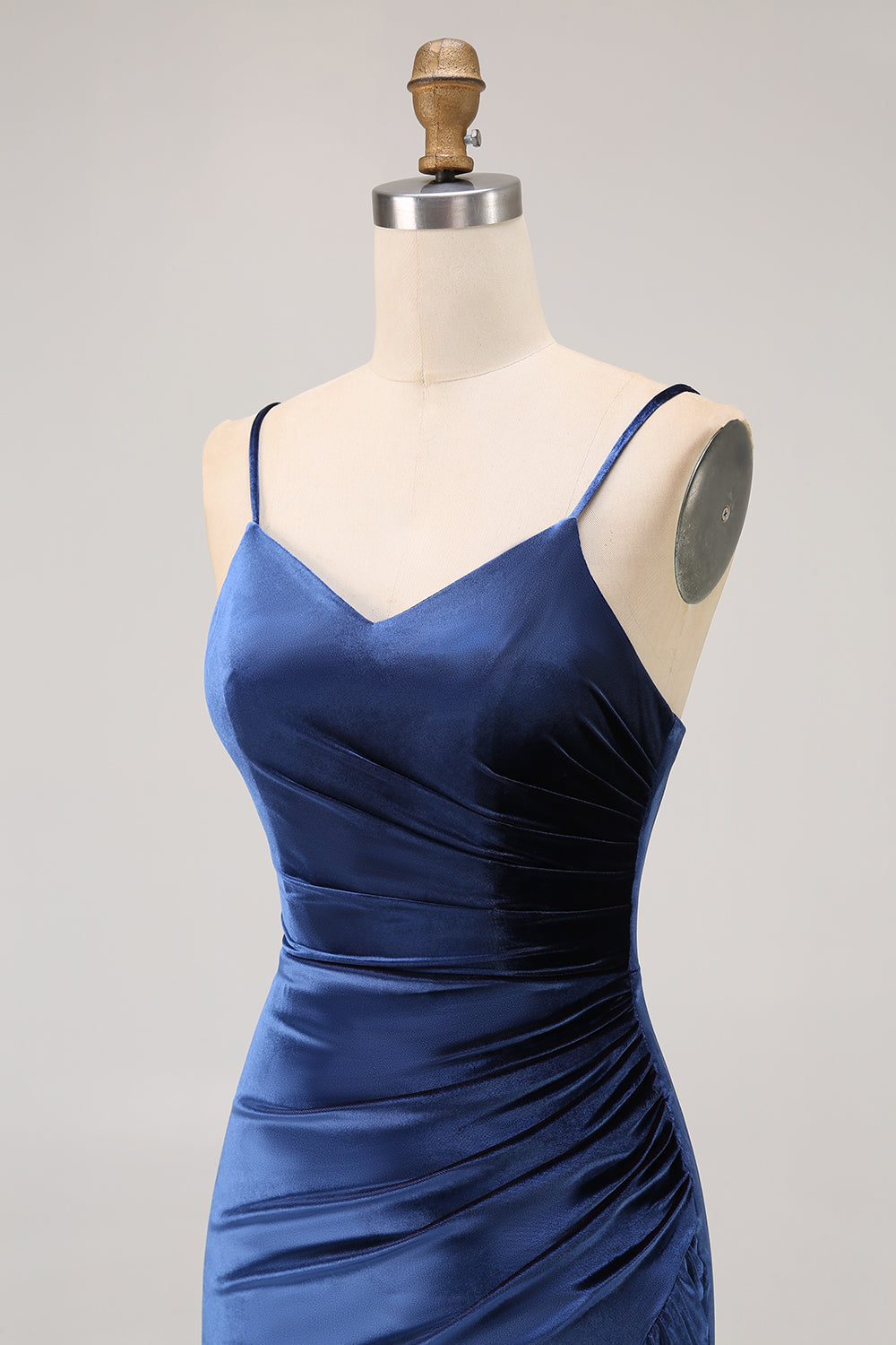 Simple Dark Blue Spaghetti Straps Long Velvet Bridesmaid Dress with Slit
