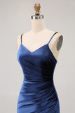 Simple Dark Blue Spaghetti Straps Long Velvet Bridesmaid Dress with Slit
