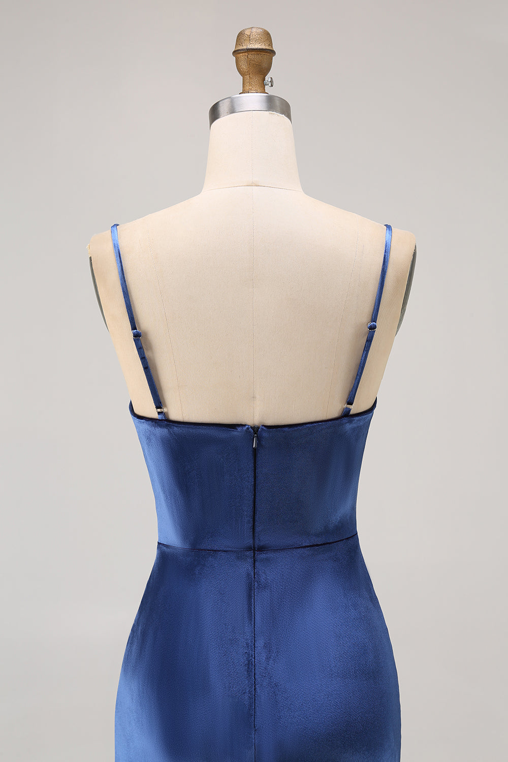 Simple Dark Blue Spaghetti Straps Long Velvet Bridesmaid Dress with Slit