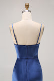 Simple Dark Blue Spaghetti Straps Long Velvet Bridesmaid Dress with Slit