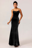 Dark Blue Spaghetti Straps Velvet Long Bridesmaid Dress