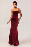 Dark Blue Spaghetti Straps Velvet Long Bridesmaid Dress