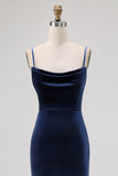 Dark Blue Velvet Spaghetti Straps Backless Long Bridesmaid Dress