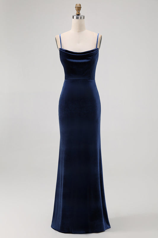 Dark Blue Velvet Spaghetti Straps Backless Long Bridesmaid Dress