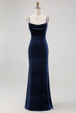 Dark Blue Velvet Spaghetti Straps Backless Long Bridesmaid Dress