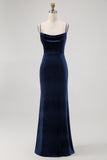 Dark Blue Spaghetti Straps Velvet Long Bridesmaid Dress
