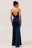 Dark Blue Velvet Spaghetti Straps Backless Long Bridesmaid Dress