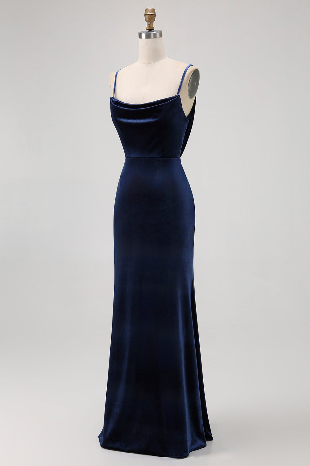 Dark Blue Velvet Spaghetti Straps Backless Long Bridesmaid Dress