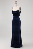 Dark Blue Velvet Spaghetti Straps Backless Long Bridesmaid Dress