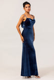 Dark Blue Spaghetti Straps Velvet Long Bridesmaid Dress