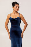 Dark Blue Spaghetti Straps Velvet Long Bridesmaid Dress