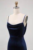 Dark Blue Velvet Spaghetti Straps Backless Long Bridesmaid Dress