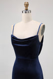 Dark Blue Velvet Spaghetti Straps Backless Long Bridesmaid Dress