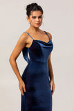 Dark Blue Spaghetti Straps Velvet Long Bridesmaid Dress