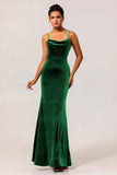 Dark Blue Spaghetti Straps Velvet Long Bridesmaid Dress