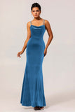 Dark Blue Spaghetti Straps Velvet Long Bridesmaid Dress