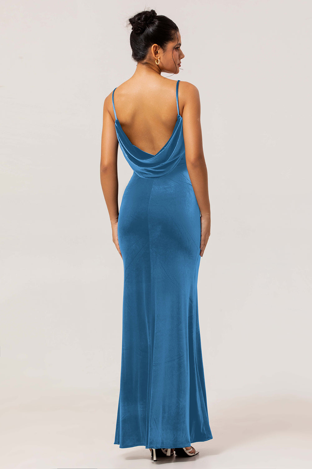 Dark Blue Spaghetti Straps Velvet Long Bridesmaid Dress