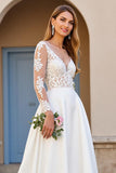 Ivory Long Sleeves A Line Sweep Train Wedding Dress with Lace
