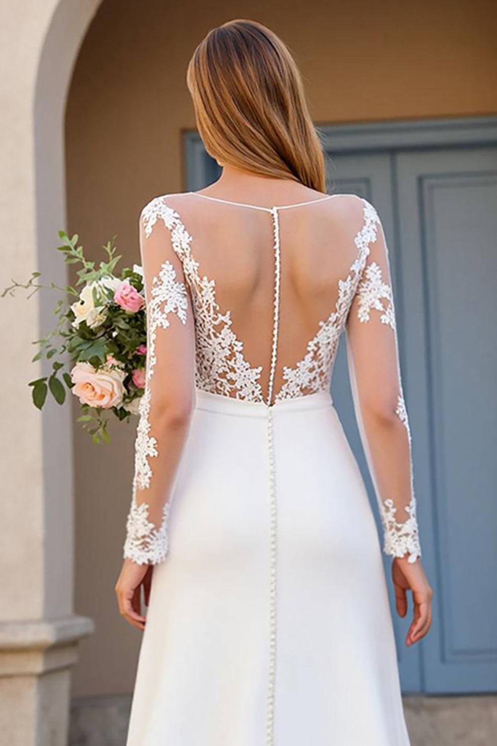 Ivory Long Sleeves A Line Sweep Train Wedding Dress with Lace