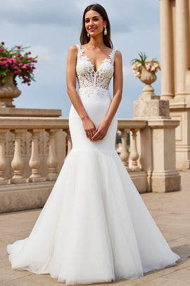Ivory Tulle V-Neck Mermaid Sweep Train Wedding Dress with Lace