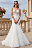 Ivory Tulle V-Neck Mermaid Sweep Train Wedding Dress with Lace