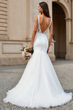 Ivory Tulle V-Neck Mermaid Sweep Train Wedding Dress with Lace