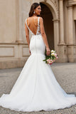 Ivory Tulle V-Neck Mermaid Sweep Train Wedding Dress with Lace