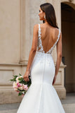 Ivory Tulle V-Neck Mermaid Sweep Train Wedding Dress with Lace