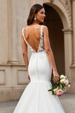Ivory Tulle V-Neck Mermaid Sweep Train Wedding Dress with Lace